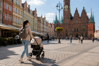 Rynek Wrocław z wózkiem dziecięcym